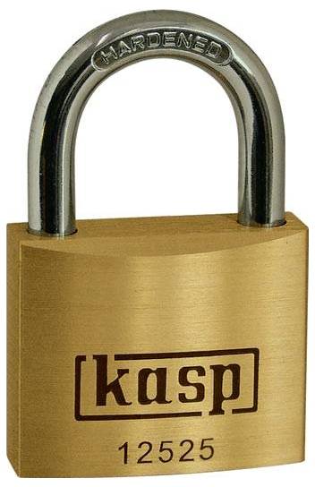 Cadenas en laiton 'Kasp 12525' avec un arceau en acier trempé, adapté pour sécuriser divers objets.