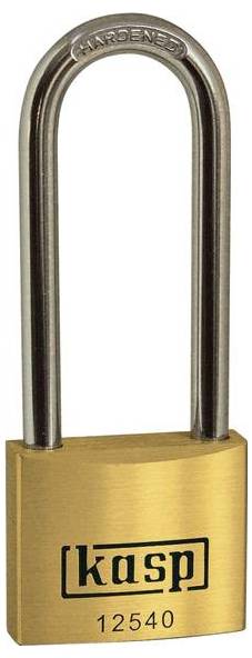 Un cadenas en laiton avec un arceau long, portant la marque « kasp » et le numéro de modèle « 12540 ».