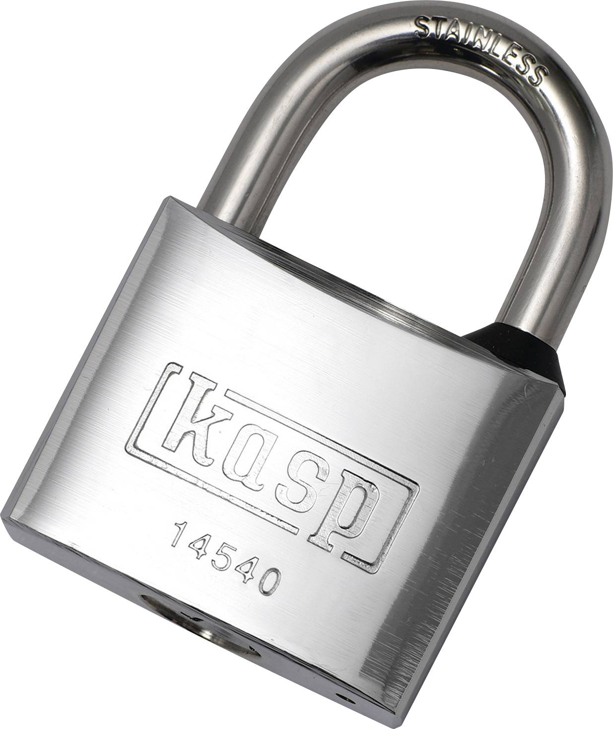 Un cadenas en argent portant la gravure « Kasp » et « 14540 » sur le devant, qui met en valeur la marque et le modèle du cadenas.