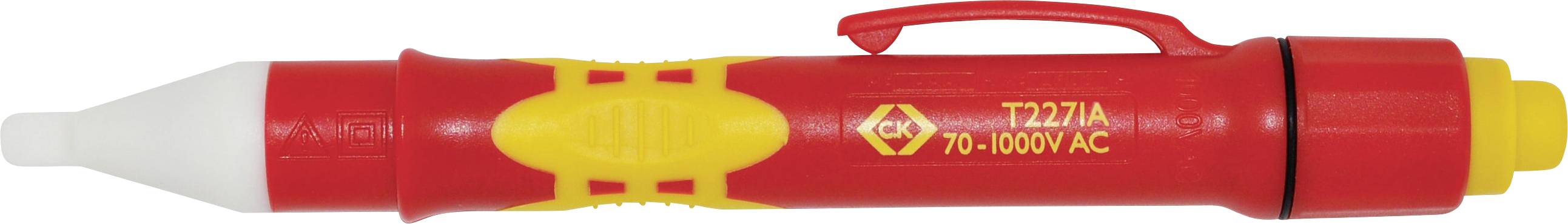 Un stylo détecteur de tension sans contact rouge et jaune étiqueté « T222/A 70-1000V AC », utilisé pour détecter en toute sécurité la présence de tension électrique.