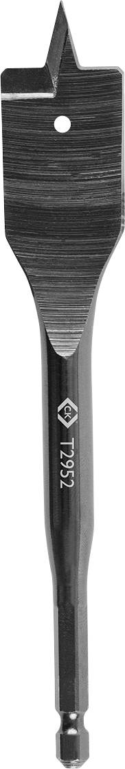 Un foret à bêche avec une tête plate et tranchante et une tige hexagonale, conçu pour le perçage du bois. Il est gravé de chiffres et de symboles.