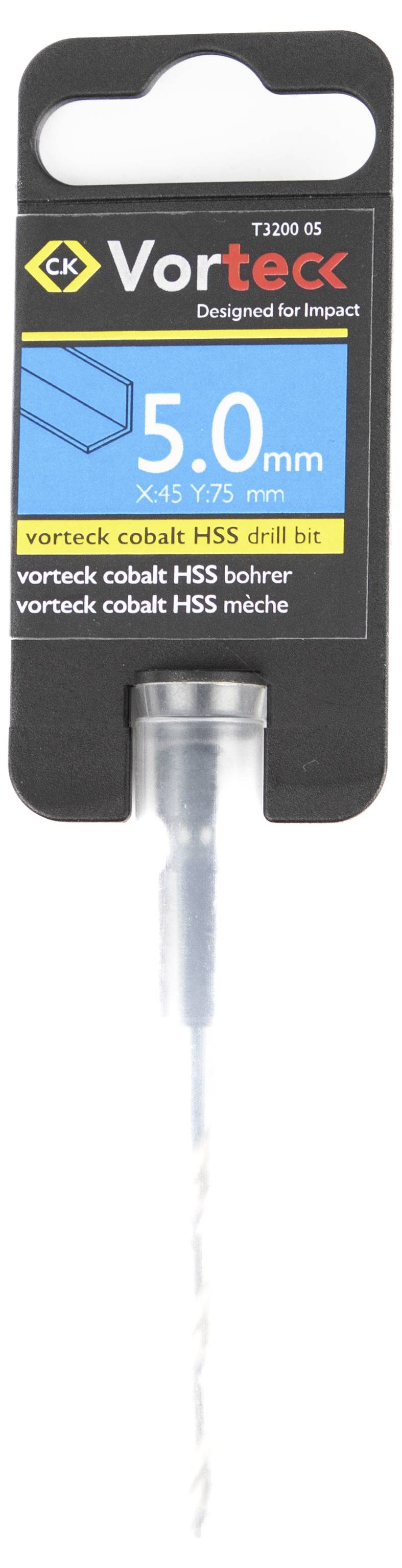 Un paquet contenant un foret en cobalt HSS Vorteck de 5,0 mm, étiqueté comme conçu pour le travail avec un outil à percussion.