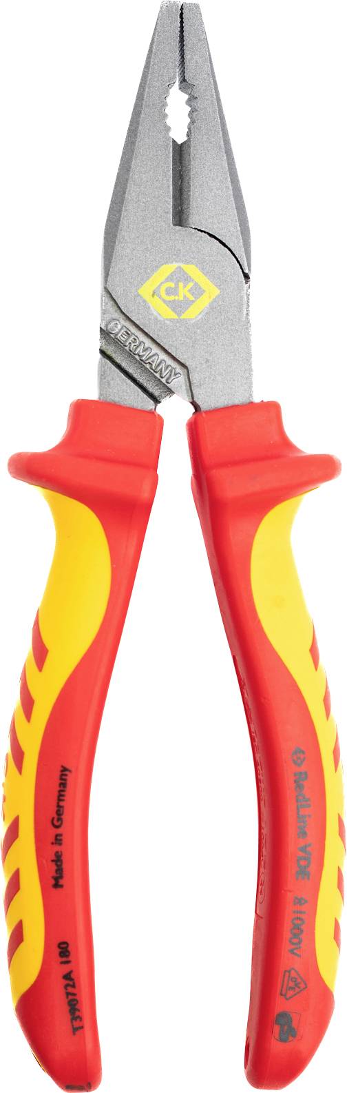 Une paire de pinces isolées rouge et jaune avec des poignées texturées, portant des marquages de marque et de certification. Conçues pour les travaux électriques.