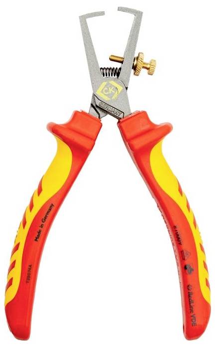 Pinces électriques à poignées isolées rouges et jaunes, conçues pour la prise et le travail du fil. Les caractéristiques comprennent un mécanisme à ressort et un embout ajustable.