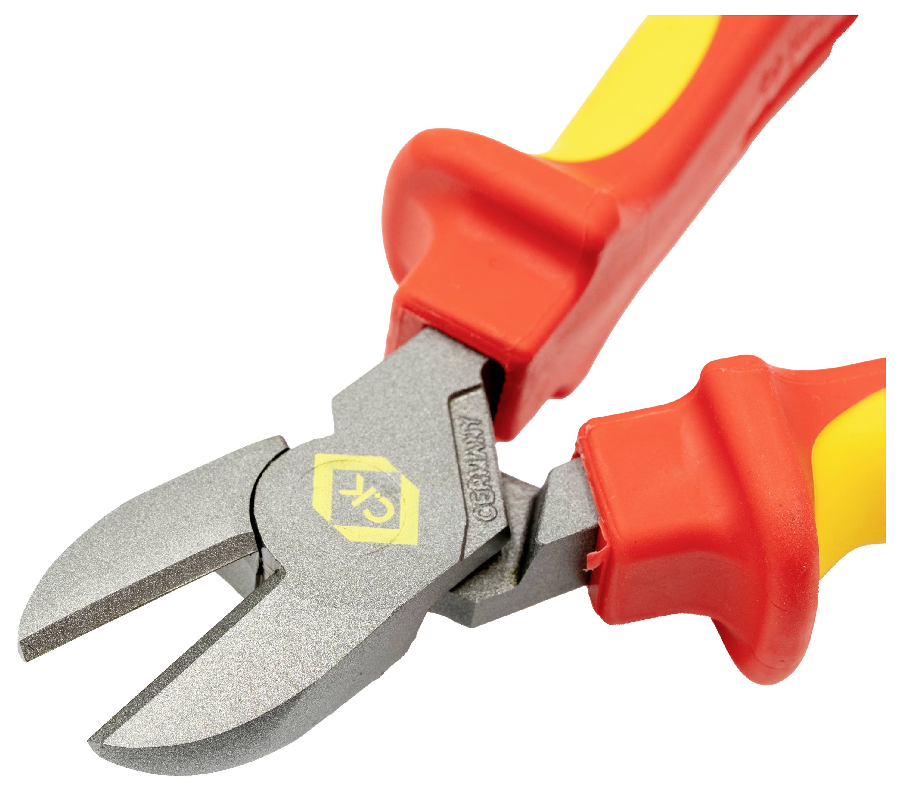 Pinces coupantes diagonales rouges et jaunes avec des mâchoires en métal gris, utilisées pour couper des fils.