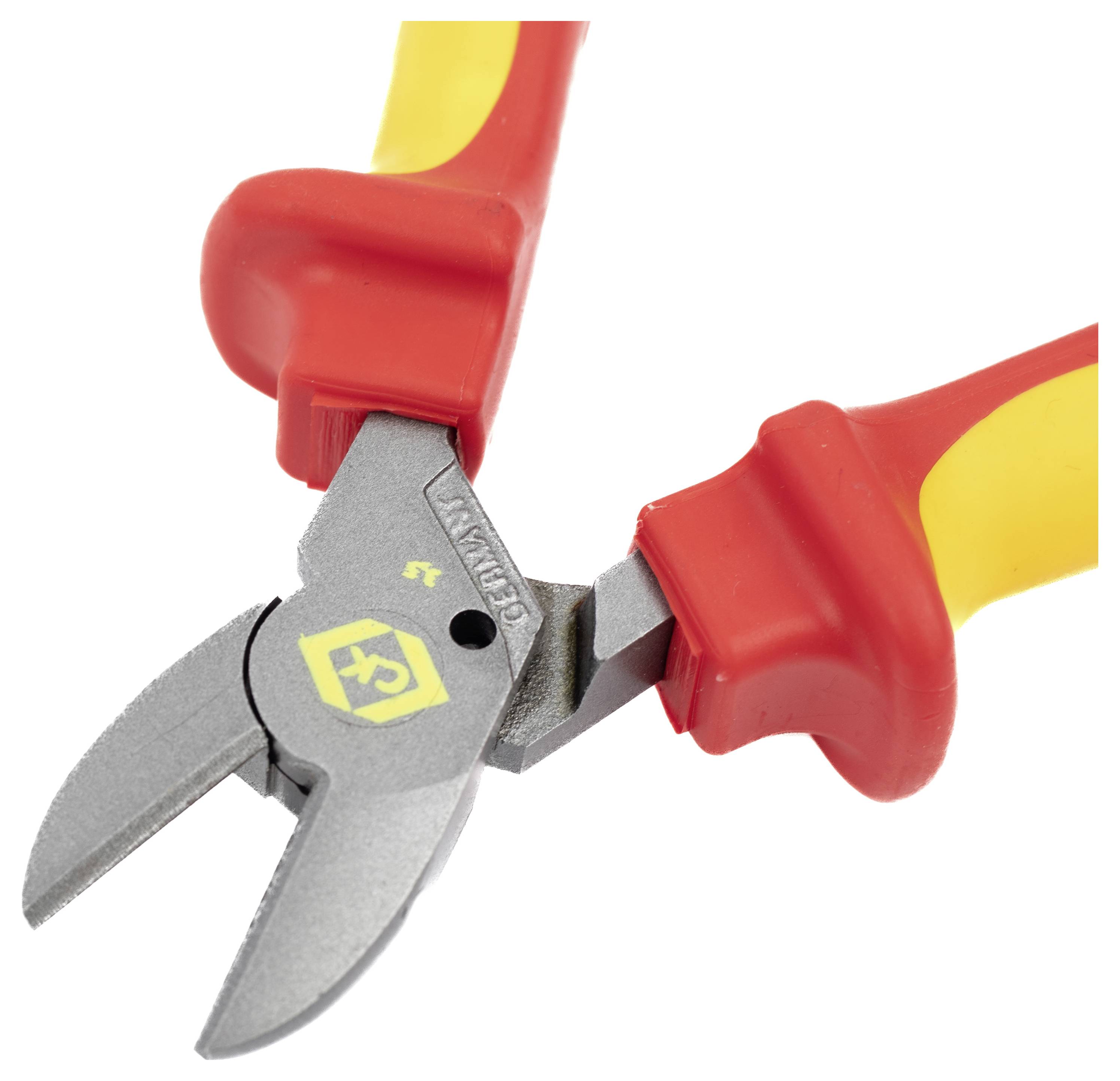 Pinces diagonales à poignées rouge et jaune, dotées de mâchoires métalliques avec un logo.