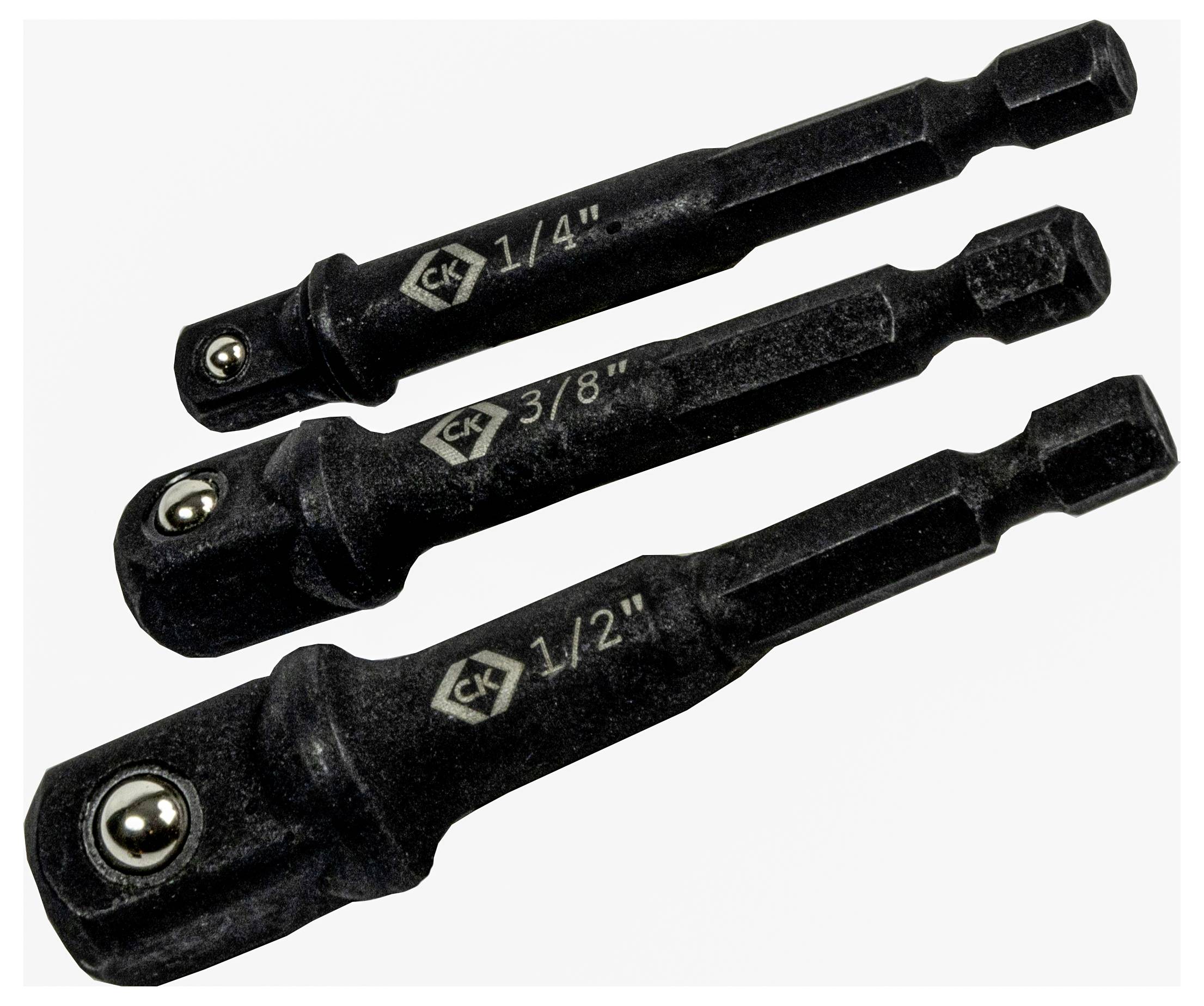 Trois adaptateurs de douille noirs avec des tailles de carré conducteur de 1/4 de pouce, 3/8 de pouce et 1/2 pouce sont présentés. Chacun est équipé d'un cliquet à bille pour une fixation sécurisée.