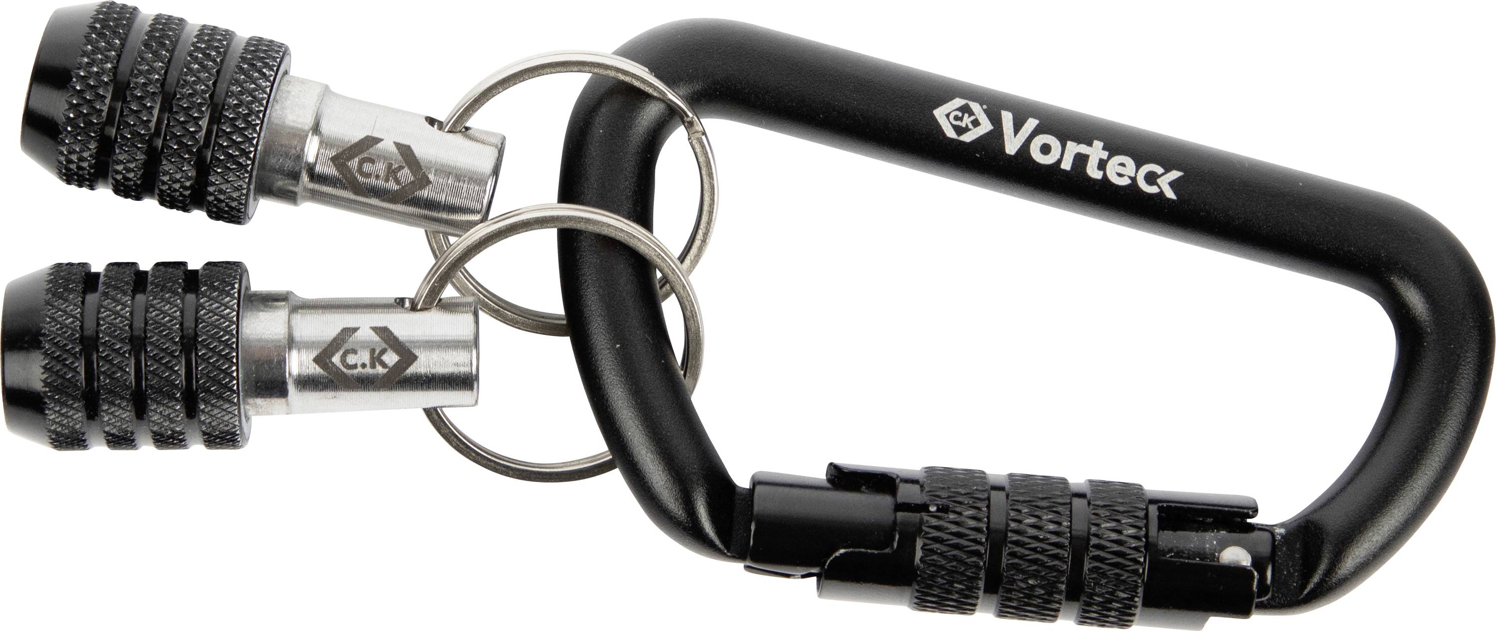 Un mousqueton noir portant l'étiquette « Vortec » est attaché à deux clés, chacune pourvue d'une poignée texturée et d'un logo.