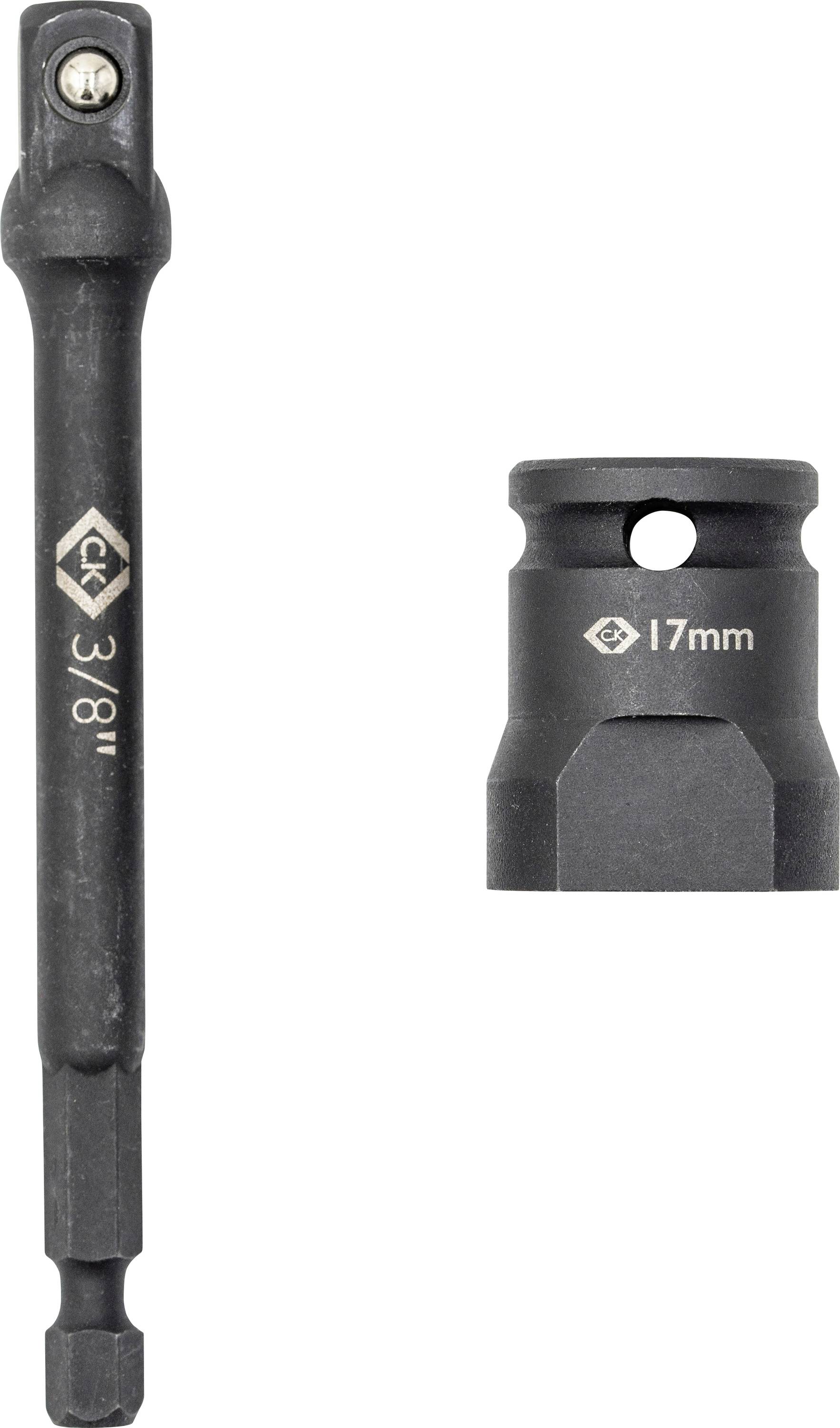 Un tournevis hexagonal de 3/8 de pouce et un adaptateur de douille de 17 mm, tous deux noirs, positionnés côte à côte sur un fond blanc uni.