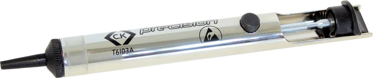 Une pompe à dessouder de précision CK en argent avec bouton et buse noirs, utilisée pour retirer le soudure des cartes de circuits électroniques.