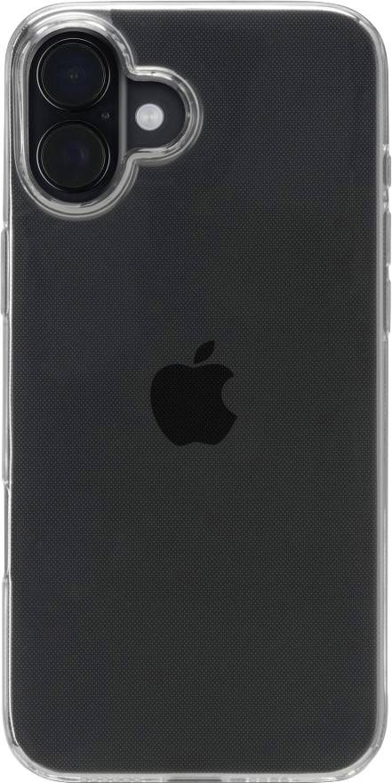 Ein Smartphone mit einer transparenten Schutzhülle, auf deren Rückseite das schwarze Apple-Logo zu sehen ist.