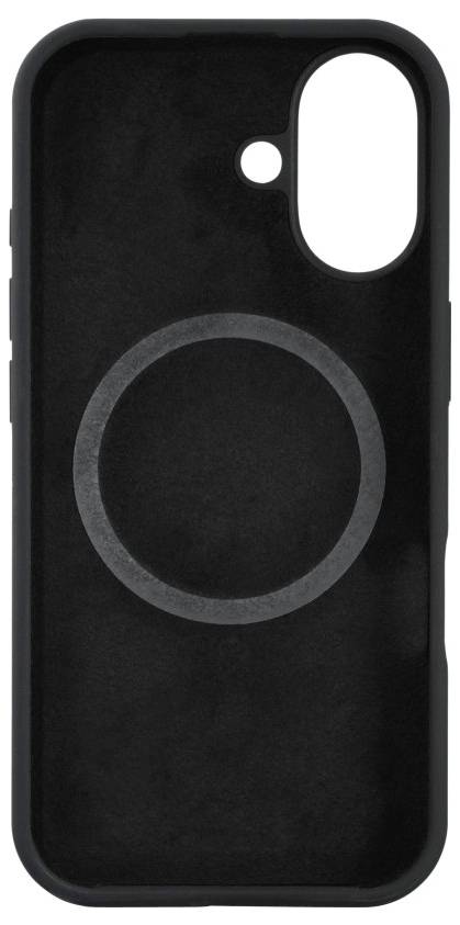 Un étui pour téléphone noir avec un design circulaire au centre, comportant une découpe pour l'appareil photo et le flash en haut.