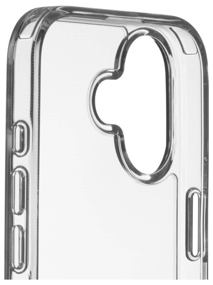 Un étui de smartphone transparent avec des découpes pour les boutons et une ouverture pour l'appareil photo, conçu pour protéger le téléphone tout en permettant une fonctionnalité complète.