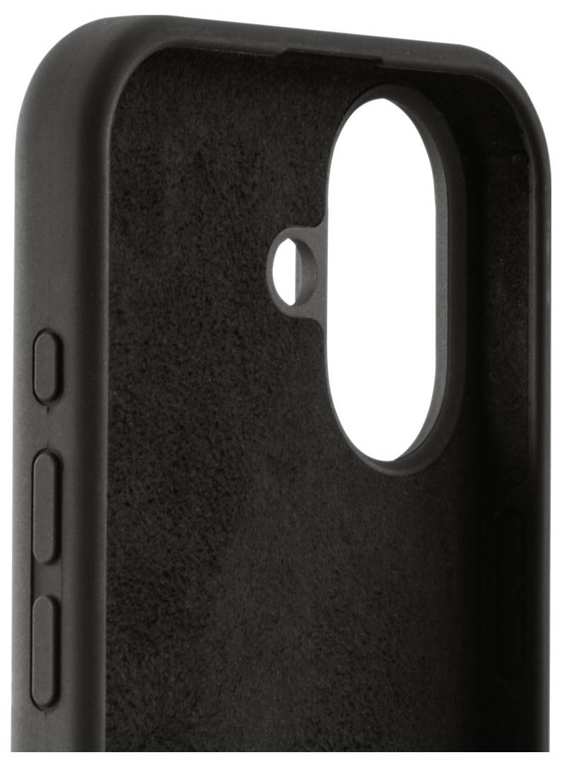 Un gros plan d'un étui de téléphone noir, montrant ses boutons latéraux et ses découpes pour double caméra. L'intérieur est doté d'un revêtement doux pour une protection optimale.