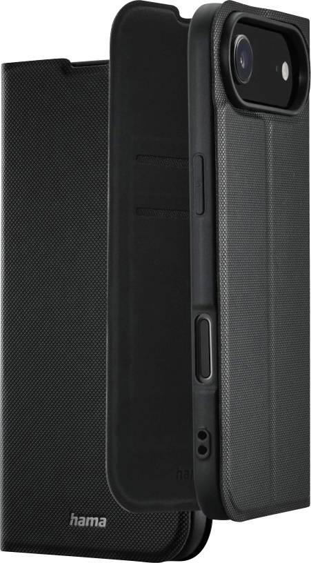 Ein schwarzes Smartphone-Etui steht aufrecht, wobei die Klappe teilweise geöffnet ist und Kartenfächer sowie präzise Aussparungen für Tasten und Kamera sichtbar sind.