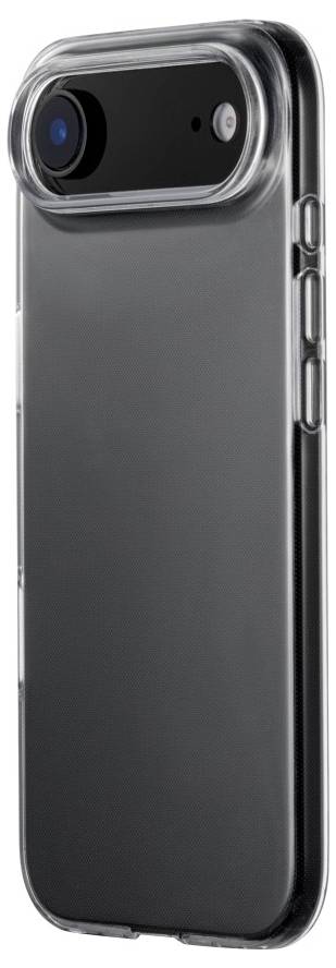 Un étui de smartphone transparent montrant l'arrière du téléphone avec des doubles caméras et des boutons sur le côté, mettant en valeur son design élégant et fin.