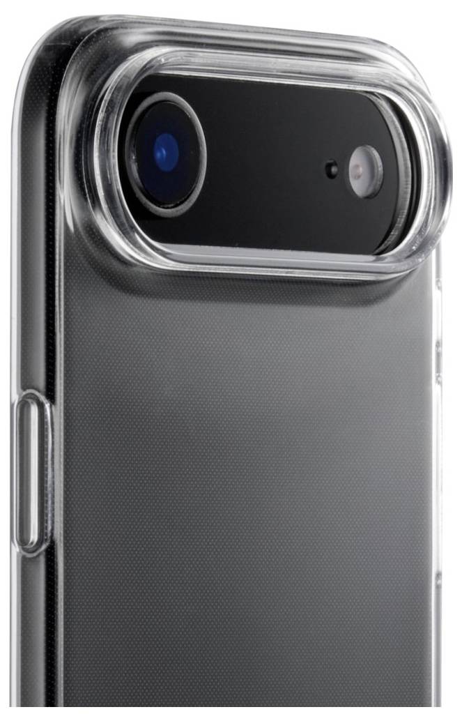 Gros plan sur l'appareil photo arrière d'un smartphone avec un étui de protection transparent révélant deux objectifs et un design élégant.