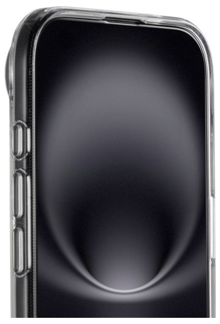 Un iPhone dans un étui de protection transparent, mettant l'accent sur les boutons latéraux du téléphone et une partie de l'écran.