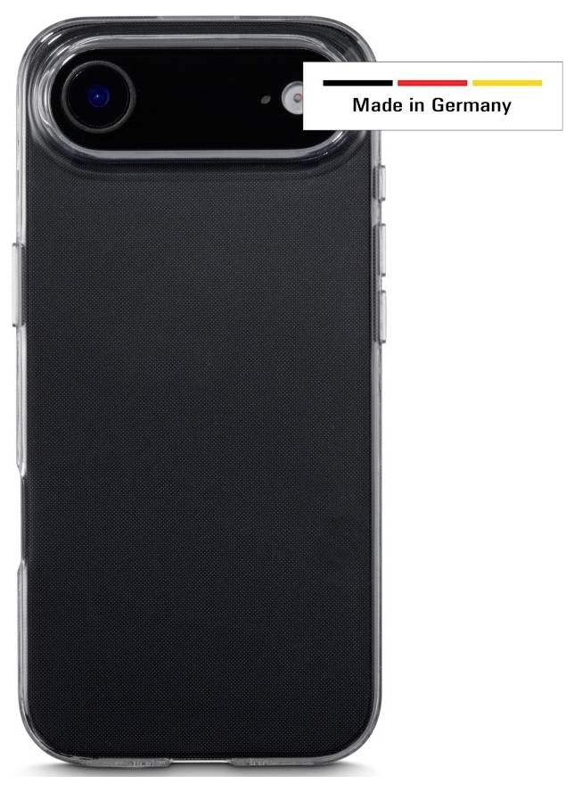 Un étui de smartphone noir avec un bord transparent, vu de dos, portant l'inscription « Fabriqué en Allemagne » avec un graphique du drapeau allemand.