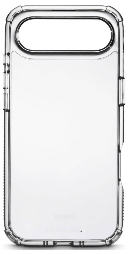 Étui de téléphone transparent avec coins protecteurs et bords renforcés, conçu pour s'adapter à un smartphone avec une découpe pour caméra en haut.