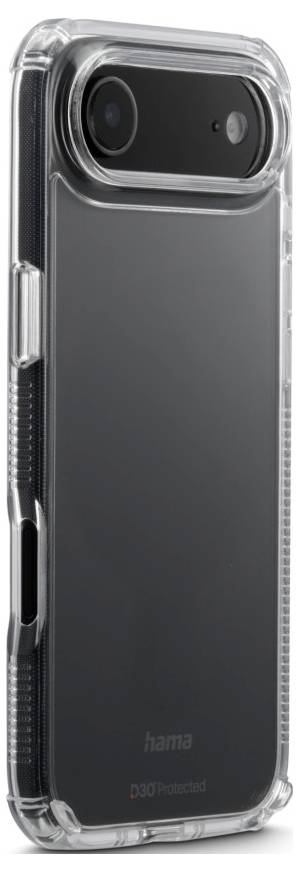 Un étui de téléphone transparent sur un smartphone avec un dos noir et une découpe pour l'appareil photo, mettant en valeur le nom de marque 'hama' et l'étiquette de protection 'PCD'.