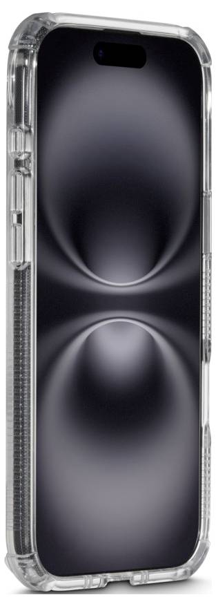 Un smartphone doté d'un étui transparent présentant un motif élégant et symétrique sur l'arrière, créant une apparence moderne et tendance.