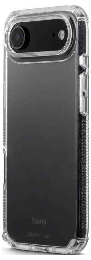 Un smartphone muni d'un étui de protection transparent, mettant en valeur son appareil photo arrière et son design minimaliste.