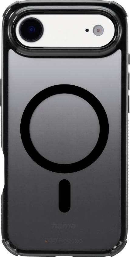 Ein schwarzes Smartphone mit einem kreisförmigen Design auf der Rückseite, untergebracht in einer Schutzhülle.