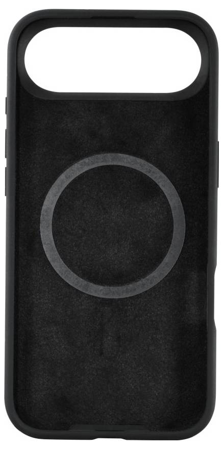 Un étui de téléphone noir avec un anneau magnétique circulaire au centre, conçu pour supporter les accessoires MagSafe.