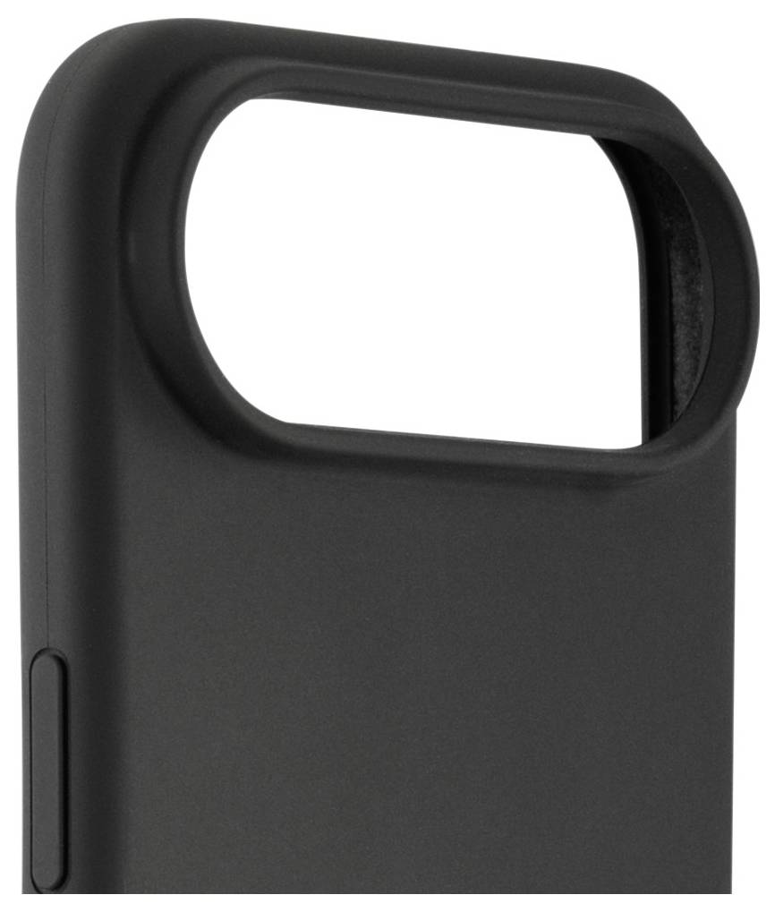 Un gros plan d'un étui de téléphone noir avec une grande découpe pour l'appareil photo et une texture lisse, mettant en valeur son design minimaliste.