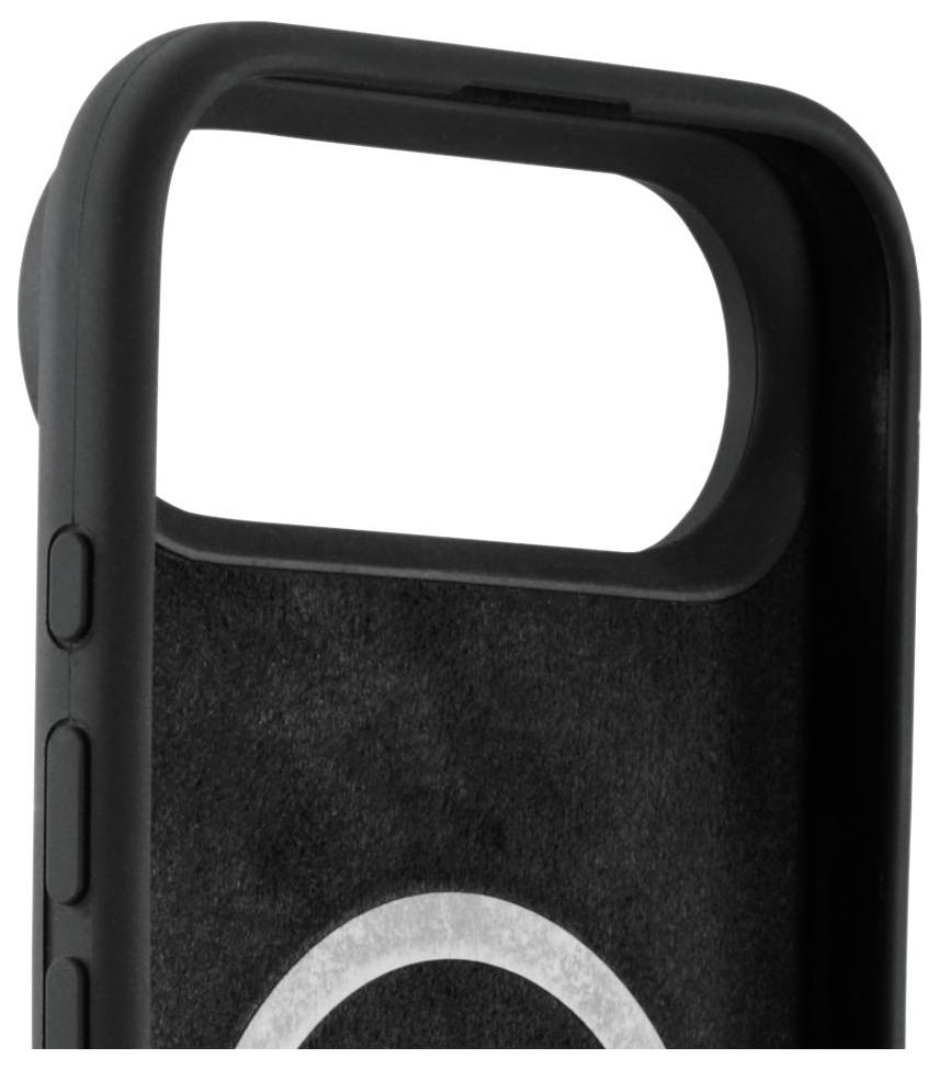 Un étui de téléphone noir avec des découpes pour les boutons et une ouverture pour l'appareil photo. L'intérieur présente un design circulaire.