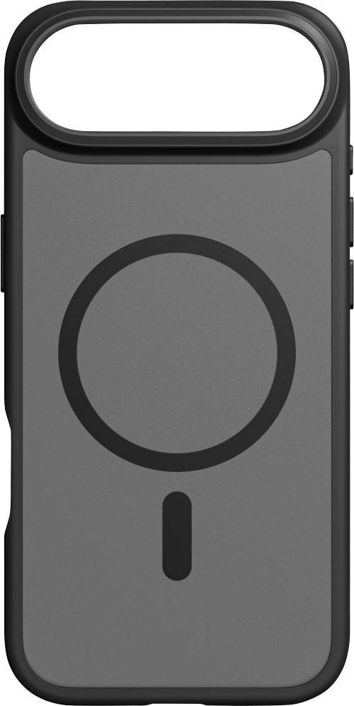 Eine schwarze Handyhülle mit einem kreisförmigen und vertikalen Liniendesign auf der Rückseite, kompatibel mit MagSafe-Zubehör.