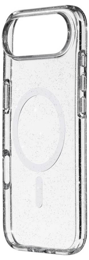 Étui de téléphone transparent avec anneau MagSafe, conçu pour iPhone avec découpes pour les boutons et l'appareil photo, présentant un design épuré et minimaliste.