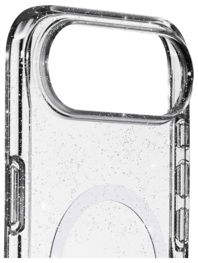 Un étui de téléphone transparent et scintillant avec une grande découpe pour l'appareil photo et des boutons visibles sur le côté, conçu pour un modèle de téléphone spécifique.