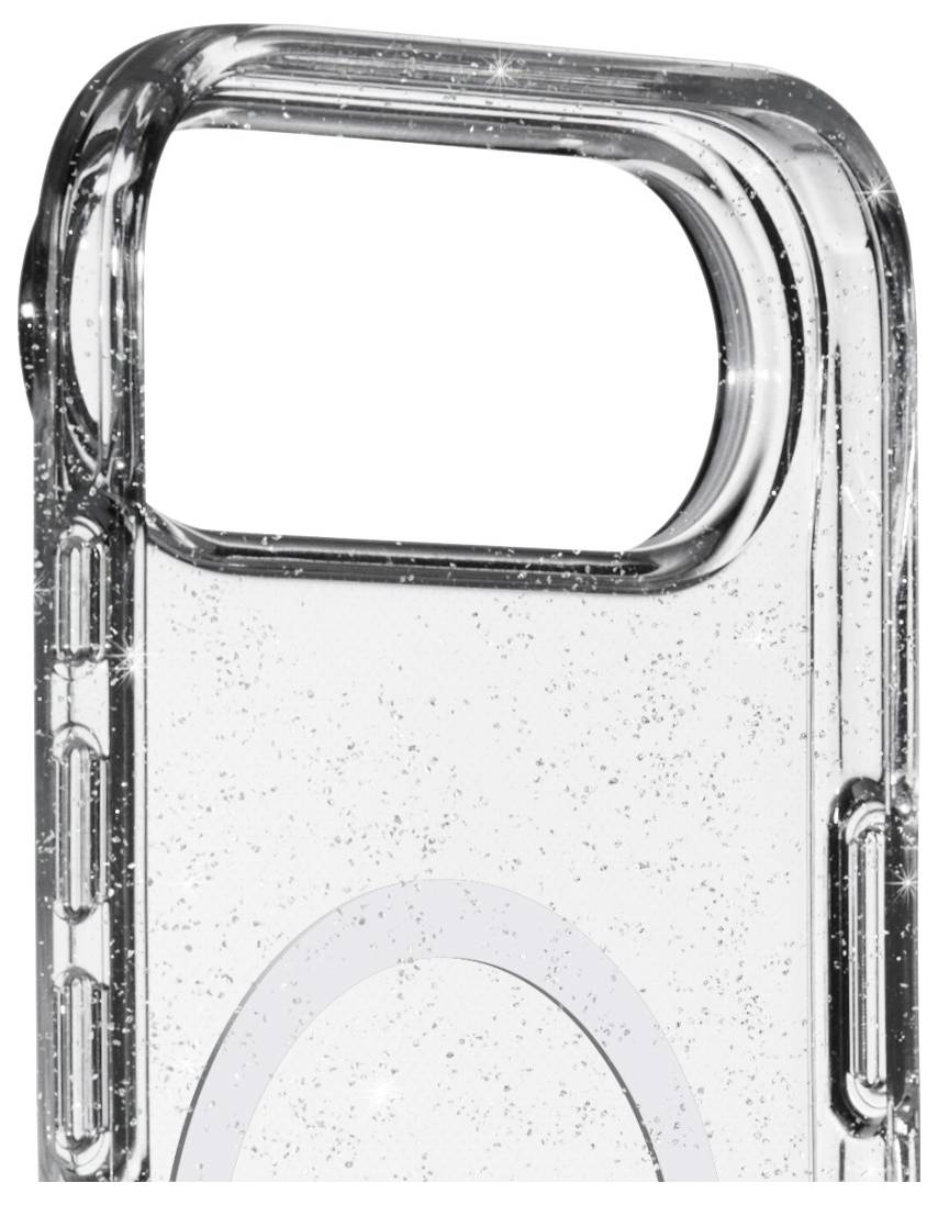 Un étui de téléphone transparent avec un design de paillettes est présenté, doté de coins renforcés et de découpes pour l'appareil photo et les boutons.