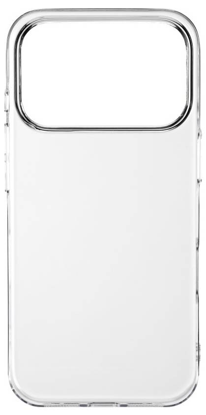 Étui de téléphone transparent en plastique avec des bords arrondis et une grande découpe pour l'appareil photo en haut.