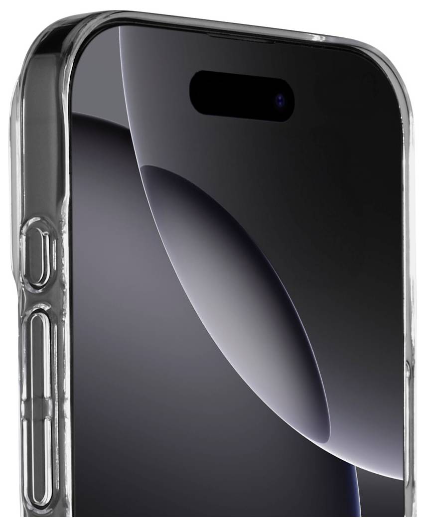 Un smartphone au design élégant doté d'un bouton latéral proéminent, d'une encoche pour caméra, et présentant un motif abstrait sombre sur l'écran.