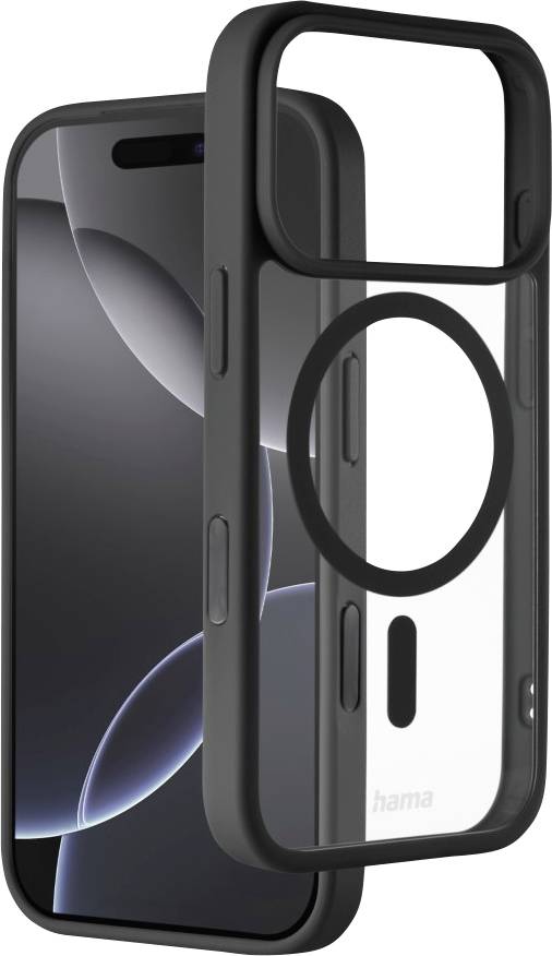 Ein Telefon mit einer minimalistischen schwarzen Hülle, die eine kreisrunde Aussparung aufweist und das Design von Vorder- und Rückseite zeigt.