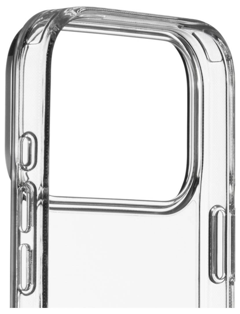 Un étui de téléphone transparent avec des découpes précises pour les boutons et l'appareil photo, vu de l'arrière, mettant en valeur son design fin et ses caractéristiques de protection.