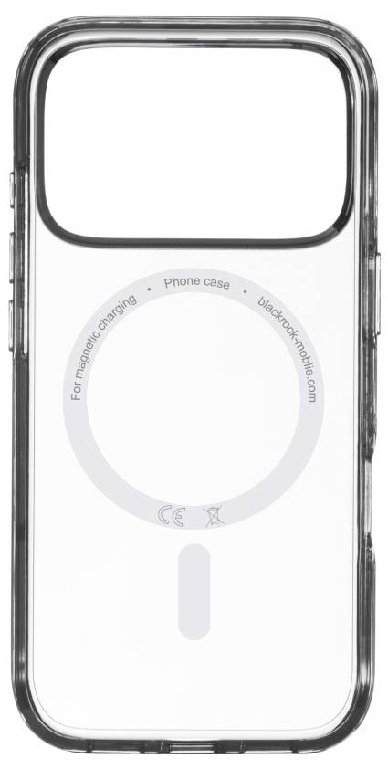 Étui de téléphone transparent avec un design circulaire pour la charge magnétique, détails des bords visibles.