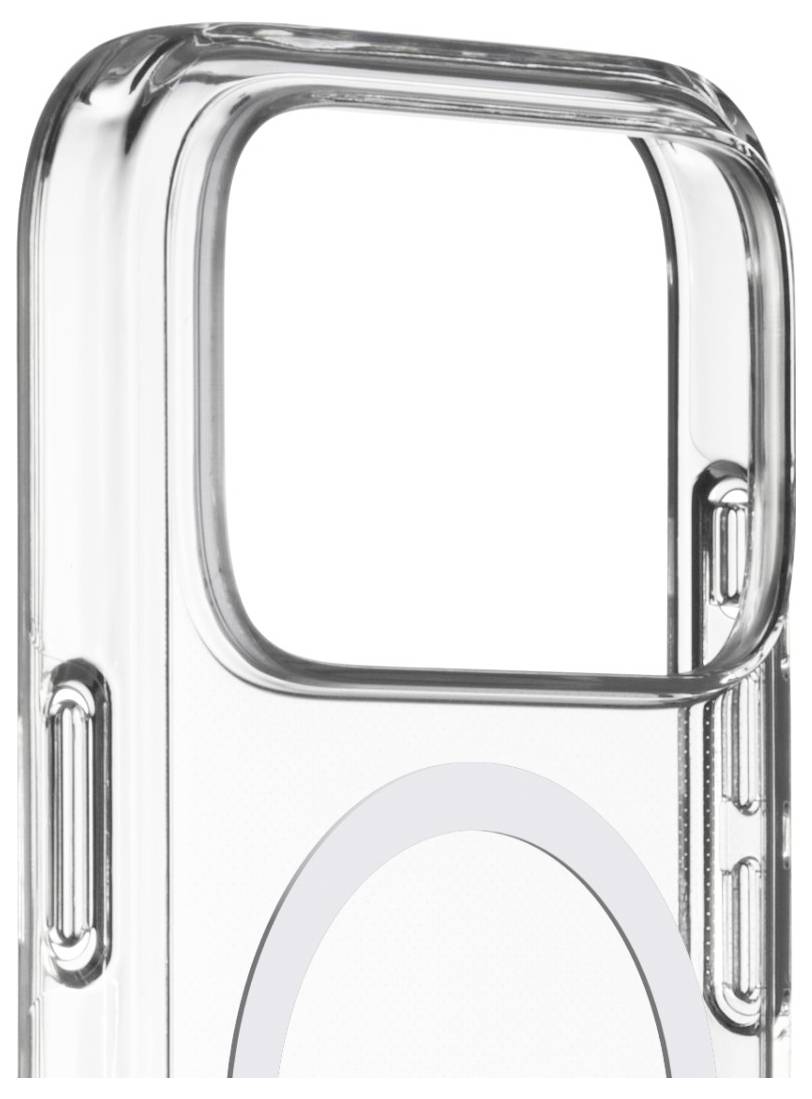 Un étui de téléphone transparent avec des découpes précises pour les boutons et l'appareil photo, présentant un motif circulaire à l'arrière.