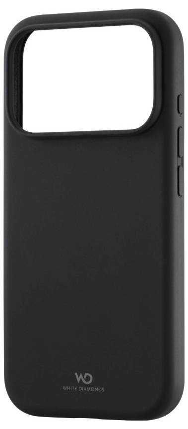Étui de téléphone noir avec une section supérieure ouverte et des boutons latéraux, portant la marque « White Diamonds » en bas.