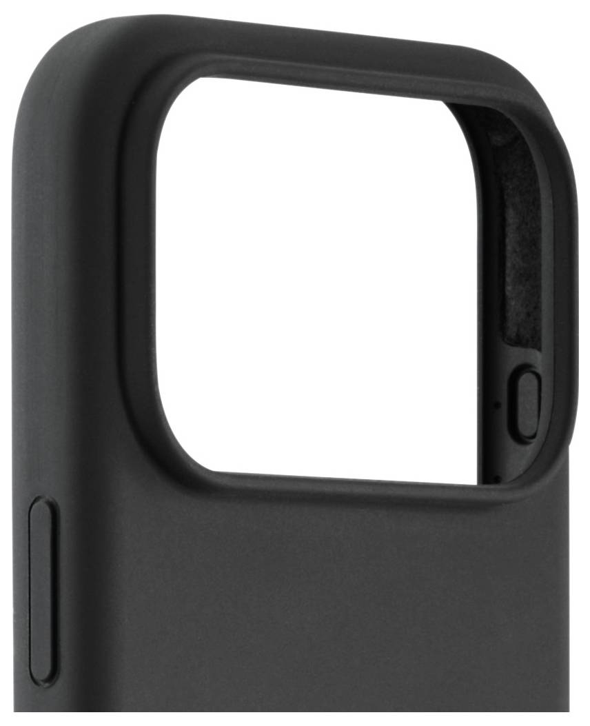 Gros plan sur un étui de téléphone noir avec une grande découpe pour l'appareil photo en haut. L'étui présente un design élégant et lisse.