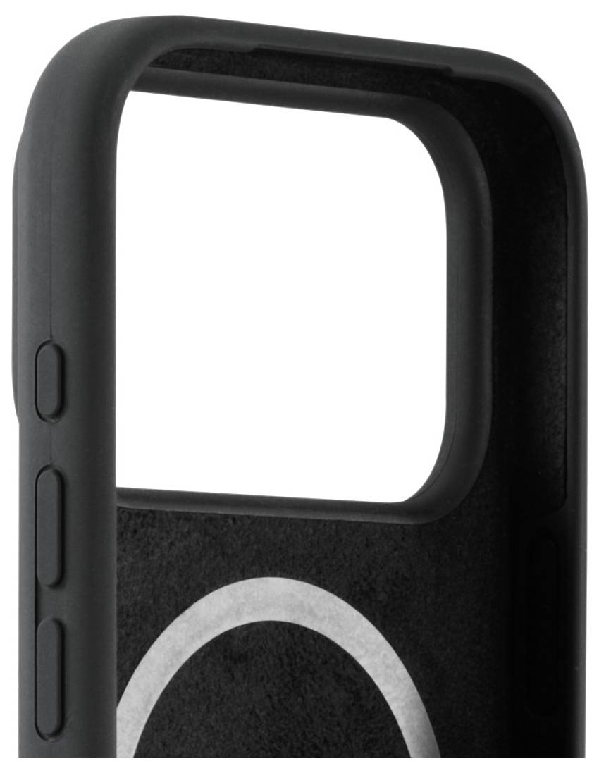 Un gros plan d'un étui de smartphone noir avec des boutons sur le côté et une grande découpe, probablement pour un appareil photo ou des capteurs.