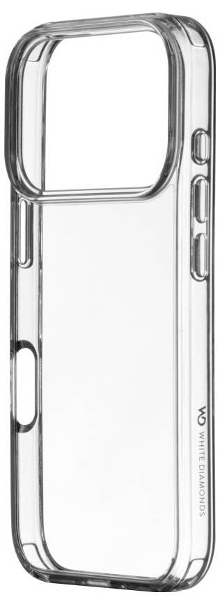 Un étui de smartphone transparent avec des découpes pour les boutons et l'appareil photo, portant la marque 'WHITE DIAMONDS'.