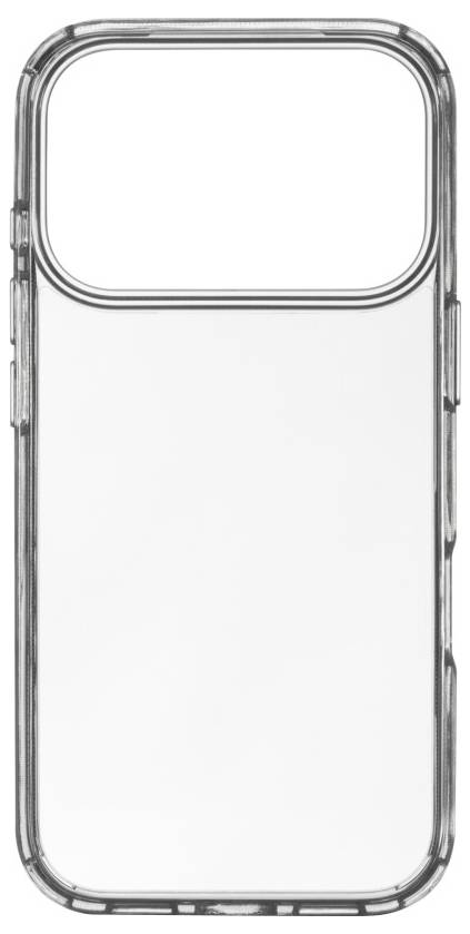 Étui de téléphone transparent avec un design fin, présentant une ouverture pour la caméra en haut et des bords arrondis sur les côtés.