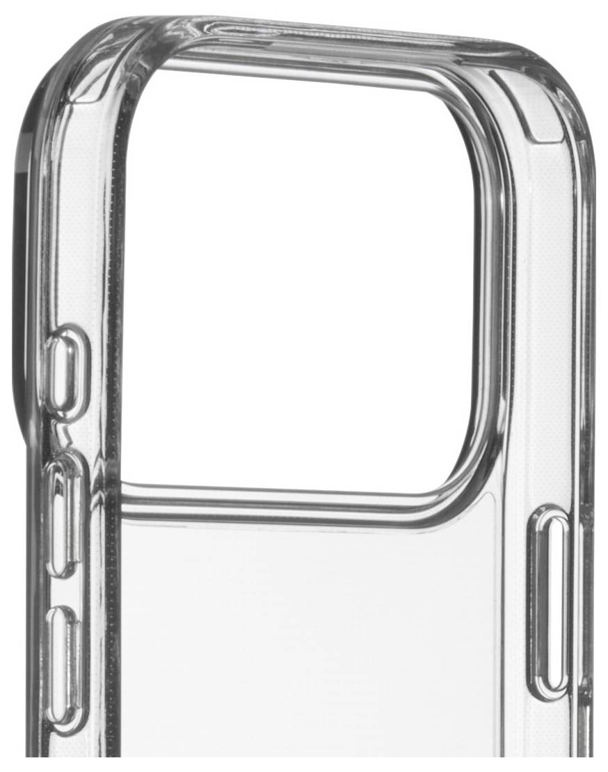 Un étui de smartphone transparent avec des bords protecteurs et des couvercles de boutons, conçu pour s'adapter aux modèles avec un module caméra volumineux.