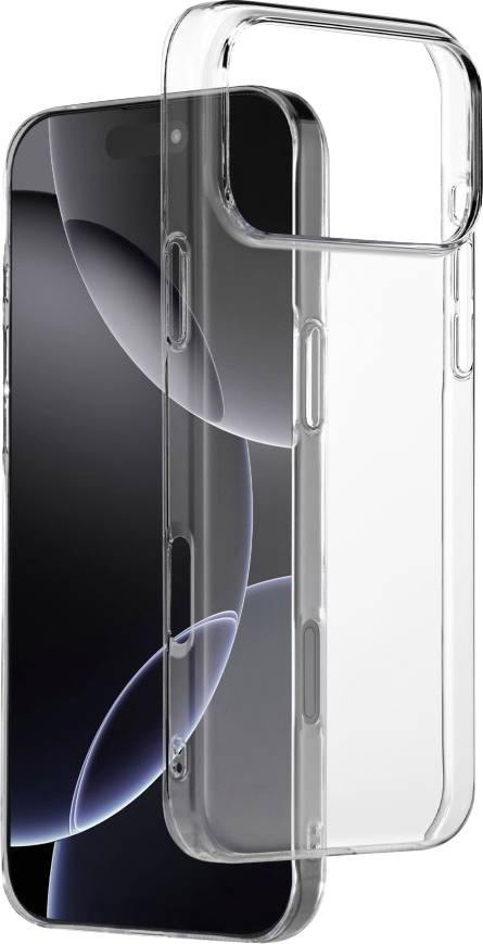 Durchsichtige Handyhülle, die ihre Passform über einem Smartphone mit einem schwarzen Bildschirm zeigt, auf dem abstrakte kreisförmige Designs zu sehen sind.