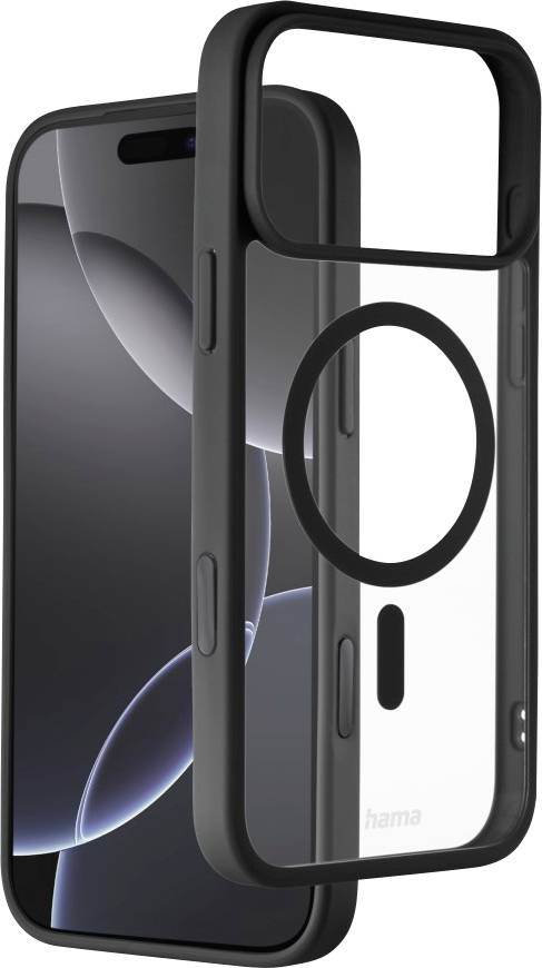Ein Smartphone mit einem schwarzen Gehäuse, das eine separate transparente MagSafe-Rückseite aufweist und die abgerundeten Kanten und das elegante Design des Telefons hervorhebt.