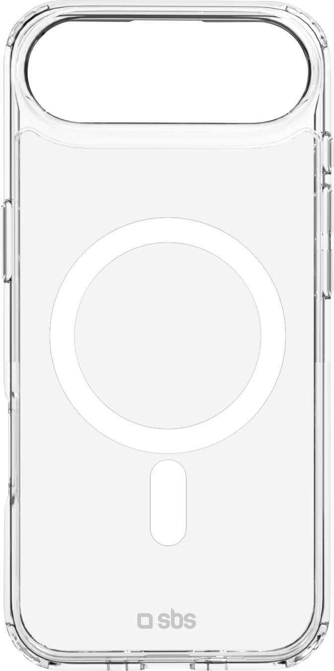 Un étui de téléphone portable transparent présentant un design d'alignement magnétique circulaire de charge à l'arrière, avec la marque 'sbs' en bas.